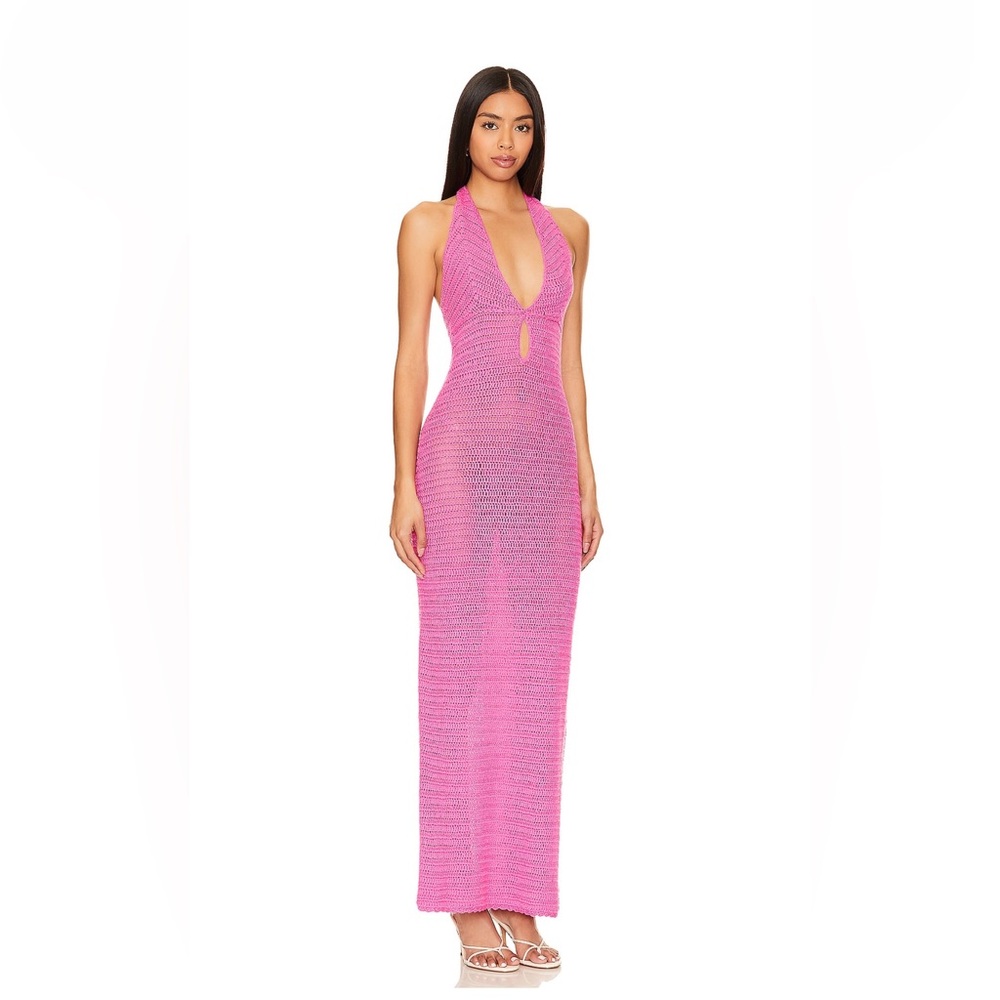 Medium Lisse Halter Maxi Dress by More to Come in Hot Pink